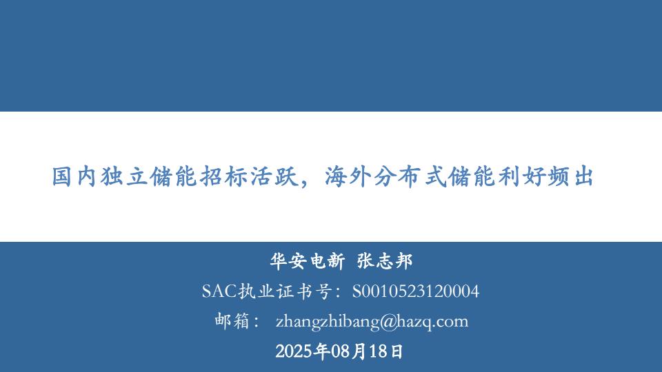 【20119E】【华安证券】电力设备新能源行业：国内独立储能招标活跃，海外分布式储能利好频出