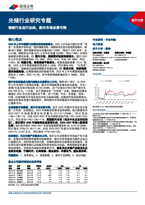 【20132E】【国信证券】光储行业研究专题：储能行业运行总结，新兴市场发展可期