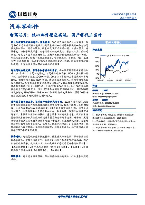 【20895E】汽车零部件行业：智驾芯片，核心部件壁垒高筑，国产替代正当时