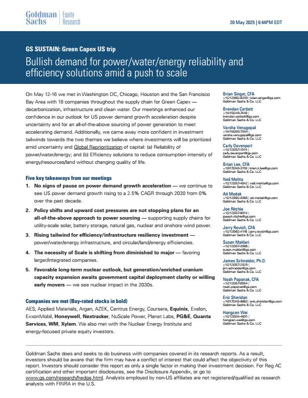 【20210E】【高华证券】高盛可持续发展美国绿色资本支出之旅在推动规模化过程中，对电力 水 能源可靠性和效率解决方案的强劲需求