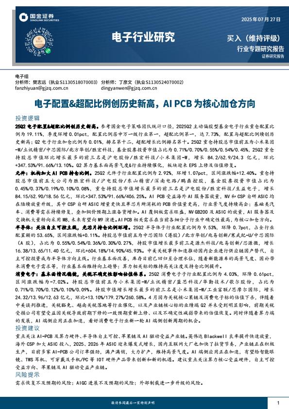 【20181E】【国金证券】电子行业专题研究报告：电子配置%26超配比例创历史新高，AI+PCB为核心加仓方向
