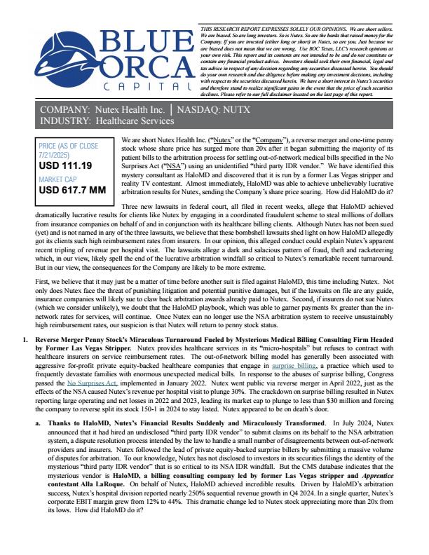 【20646E】【Blue Orca】做空纽泰克斯健康公司